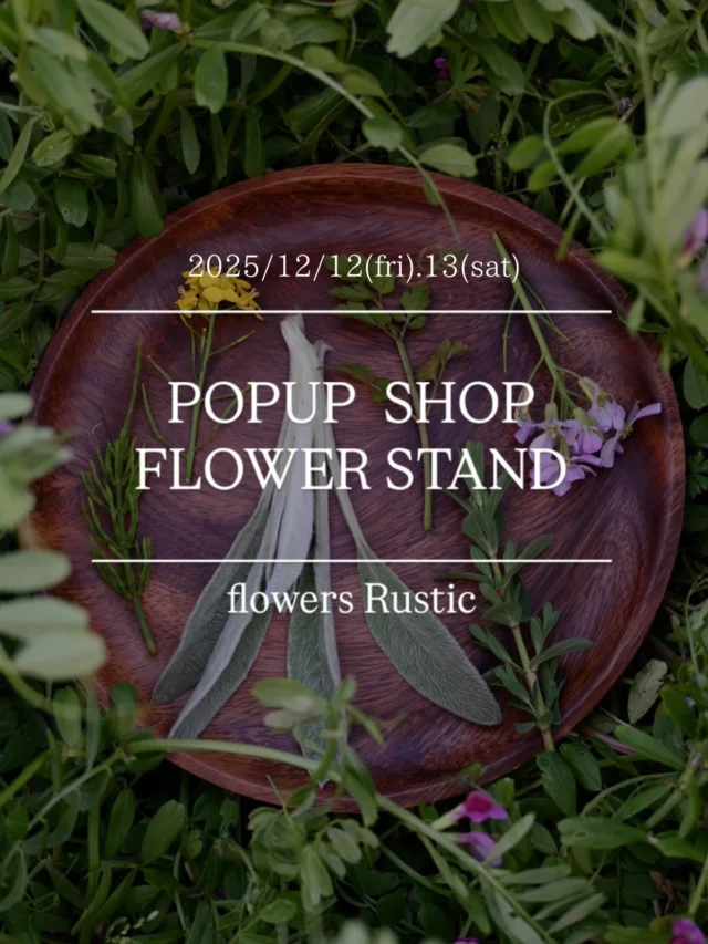 【POPUP SHOP FLOWER STAND】

すっかりご案内が遅くなってしまいましたが、
来週末は年内最後の生花販売会
POPUP SHOP FLOWER STANDです！

花畑の花やハーブはシーズンオフのためお休みですが、
市場から仕入れたての
新鮮な花や枝物をご用意してお待ちしています。

販売会ではもうお馴染みとなった
浦和の薬膳教室ももくりさんの薬膳茶パックも
冬に合うセレクトでご用意してくださいます。

@momokuri.yakuzen 

開催場所は
有限会社ぐっとリフォーム様の店舗お向かいに位置する
白いテラスのあるショールーム内です。

@goodreform.saitama

＿＿＿＿＿＿＿＿＿＿＿＿＿＿＿＿＿＿＿＿＿

♠︎日時：2025.12.12(金).13(土)10:00-17:00
ご予約等不要で自由にお買い物して頂けます。

♠︎場所：(有)ぐっとリフォーム様 ショールーム内
埼玉県さいたま市見沼区東大宮1-30-14 
ショールーム前🅿︎2台有り
＊第二産業道路を挟んだ白いショールーム内での開催です。

♠︎商品ラインナップ：
＊季節の切花・枝物
＊薬膳教室ももくりさんの薬膳茶5包入 3種類
試飲もしていただけます。

♠︎お支払い：現金・PayPay

＿＿＿＿＿＿＿＿＿＿＿＿＿＿＿＿＿＿＿＿＿

◎スケジュール
￣￣￣￣￣￣￣￣￣￣￣￣￣￣

▶12/1(月)、15(月)
季節の花の定期便

▶︎12/12(金)13(土)10:00-17:00
POPUPSHOP FLOWERSTAND
生花販売会

▶︎12/26(金)
お正月飾り引渡し開始

▶︎12/31(水)
年内最終営業日

▶︎1/1(木)-4(日)
お休み

◎ご注文受付・受渡し時間
￣￣￣￣￣￣￣￣￣￣￣￣￣￣
10:00-17:00 木曜定休　

⚫︎お花の引渡しはさいたま市見沼区内
詳細はお問合せ下さい。
東大宮駅東口徒歩20分/🅿︎無し

⚫︎定期便・花束等のご注文・お問合せ方法
電話ｌ公式LINEｌオンラインショップ
@flowers.rustic

#無店舗花屋
#さいたま市見沼区
#花栽培
#花畑
#見沼田んぼ